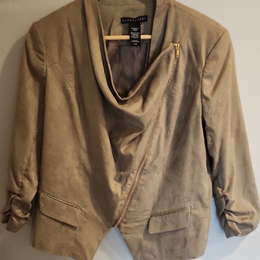Apostrophe Tan Draped Cowl Neck Jacket with Gold Zipper